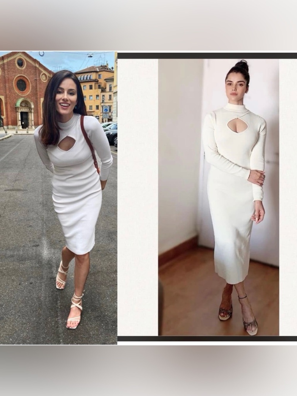 Zara light Cream Long-Sleeve Ribbed Knit Midi Dress Front Cutout keyhole Bodycon